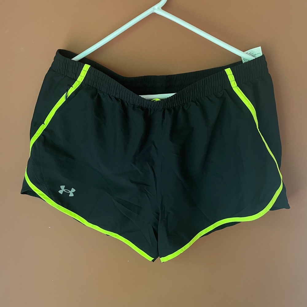 Under Armour Women's Black Shorts with Neon Accents. Fly By 3” Shorts